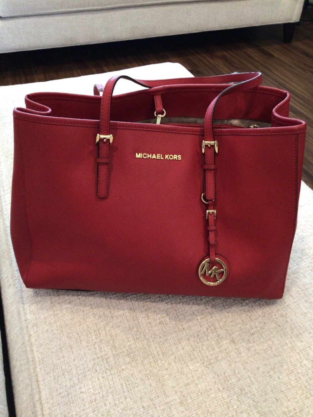 Michael Kors Red Leather Tote with Gold Accents